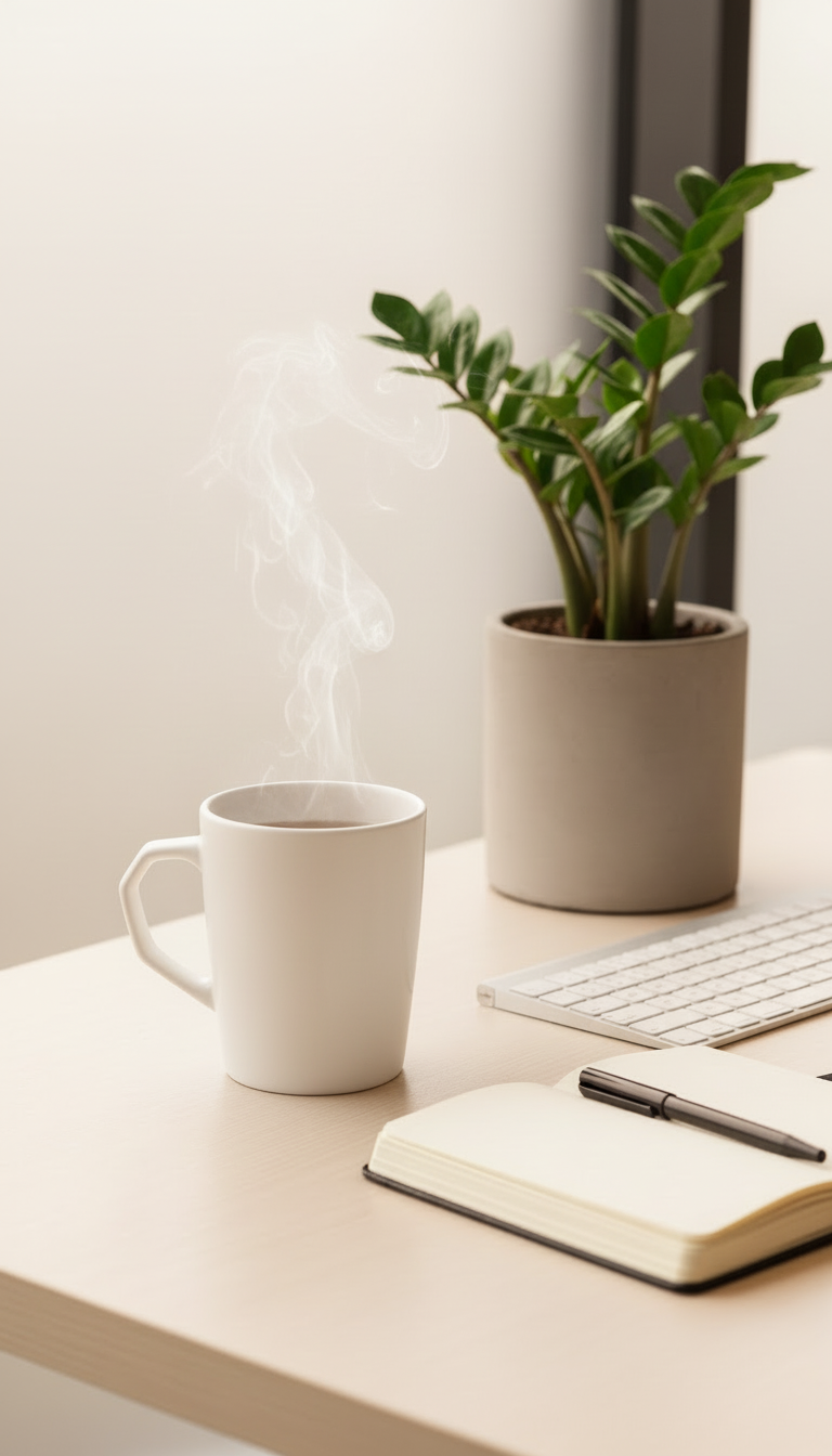 Make the image more realistic by adding steam coming out of the cup, warming up the overall colors, and changing the cup to white.