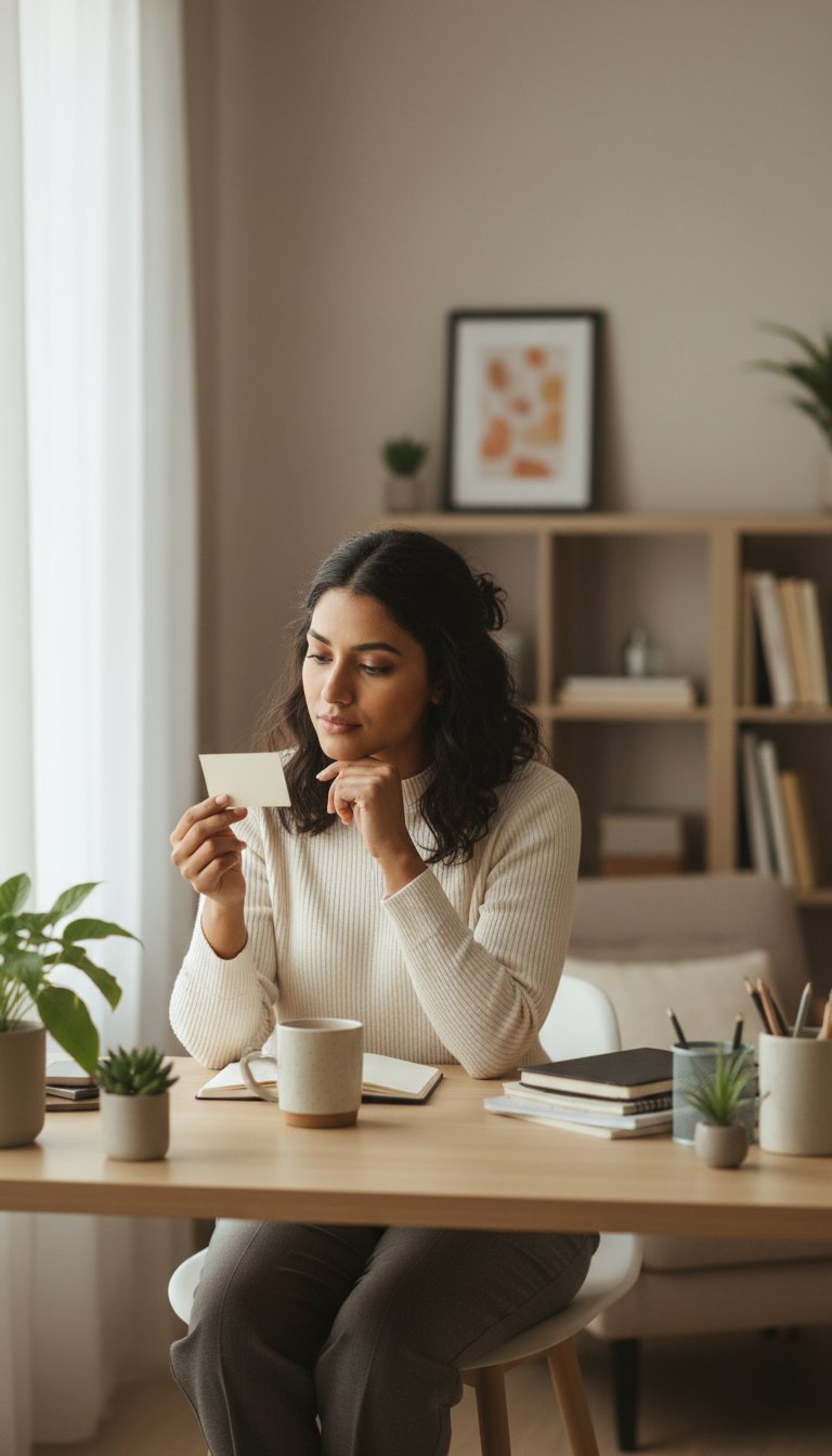 A warm, neutral office space with soft lighting. One professional (any gender, diverse ethnicity) sitting at a desk, holding or looking thoughtfully at a small card or note. The individual has a calm, reflective, professional demeanor, and a natural posture. The background features subtle office items such as plants, notebooks, and a coffee mug. The scene captures a quiet, contemplative learning moment. The card being held should not have any text. The image should be in a realistic photo style.