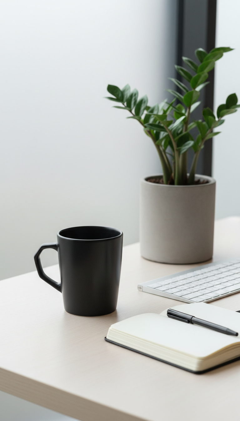 A pristine, charcoal-black ceramic mug with a smooth satin finish and geometric handle, resting on a tidy off-white birch wood desk. Next to the mug, a slim, silver wireless keyboard and a small, open journal with crisp cream pages are carefully arranged, suggesting purposeful work. Behind, a sculptural matte concrete planter with a simple green ZZ plant adds a hint of organic life, softened by diffused, overcast daylight filtering through a frosted window wall. The lighting casts soft, gentle shadows while subtly illuminating surface textures. Captured in an eye-level composition with ample negative space and balanced framing, the mood is serene, reflective, and professionally poised. The style is photographic realism, clean, and harmonious, aligning with corporate education microlearning themes.
