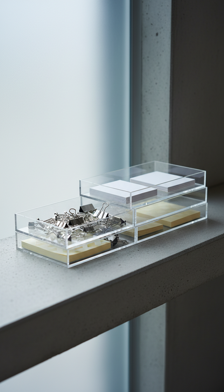A set of stylish, stackable translucent acrylic storage trays elegantly organized on an understated matte concrete shelf. Each tray contains neatly categorized learning materials: crisp white index cards, metallic silver binder clips, and subtly patterned sticky notes in neutral beige. The trays’ polished surfaces reflect soft, cool daylight coming from a nearby frosted glass panel, producing delicate highlights and understated shadows. Background texture of the concrete shelf adds gentle visual interest without distraction. Captured from a slightly elevated perspective with shallow depth of field to maintain compositional focus on the trays. The atmosphere is structured, orderly, and refreshingly uncluttered, embodying professional efficiency in a photographic, minimalist style. The image conveys a sense of preparation and practical organization, ideal for microlearning resource representation.
