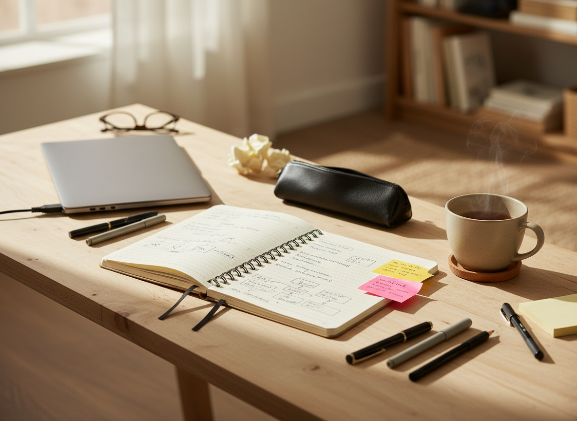 A warm desk with signs of active use, an open notebook with handwritten notes, soft natural sunlight streaming in, a single ceramic teacup on a coaster, pens and sticky notes, a laptop slightly off to the side, calm realistic professional setting in warm neutral beige and earthy tones, realistic editorial-style photography, avoid stock photo look.