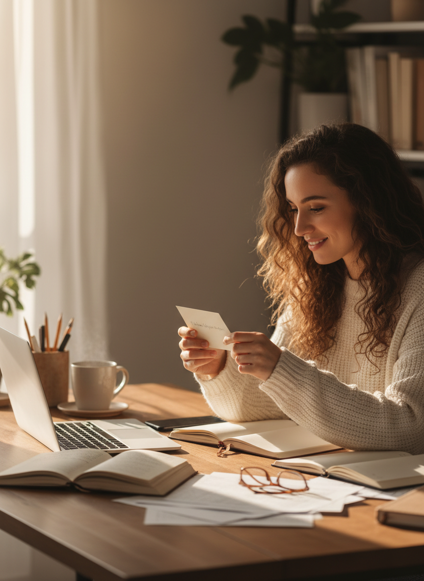Warm editorial-style photo of a woman holding a small notecard at a cozy, actively used desk with papers, notebooks, and a laptop, soft natural light, neutral tones, inviting atmosphere